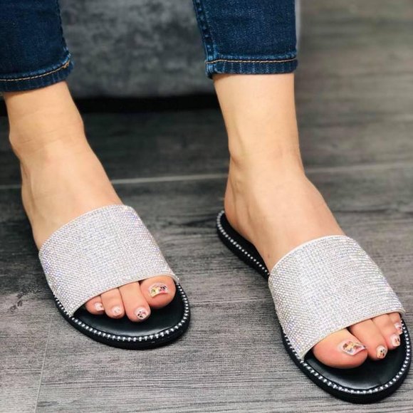 NEW🔥 Jeweled Diamante Rhinestone Band Slide Sandal Flip Flops Slippers Open Toe - Picture 3 of 7